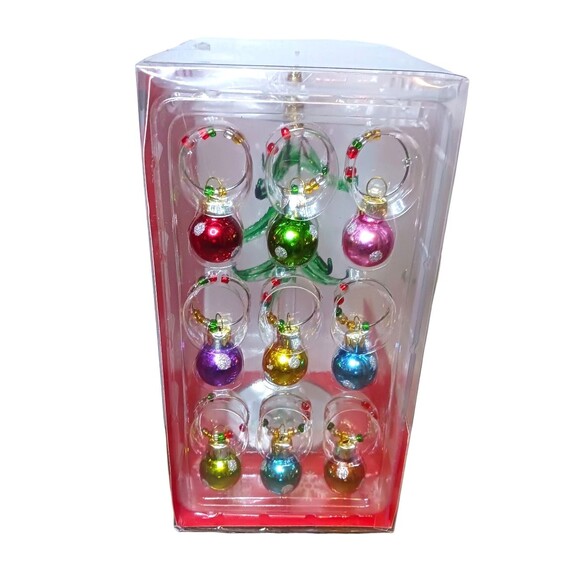NEW Gift Essentials Holiday Glass Tree With Beaded Glitter Ornament Wine Charms - Picture 3 of 4